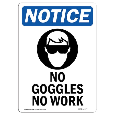 Signmission OSHA Notice Sign, No Goggles No Work With Symbol, 18in X 12in Decal, 12" W, 18" H, Portrait OS-NS-D-1218-V-14637